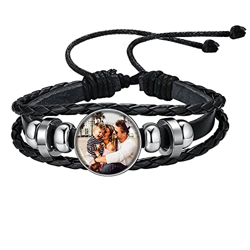 Custom4U Edelstahl Lederarmband für Herren Männer 16cm-25cm Personalisierte Foto Armbänder Partnerarmband mit Gravur Mode Shwarz Echtlederarmband Jungen Armreif Accessoires von Custom4U