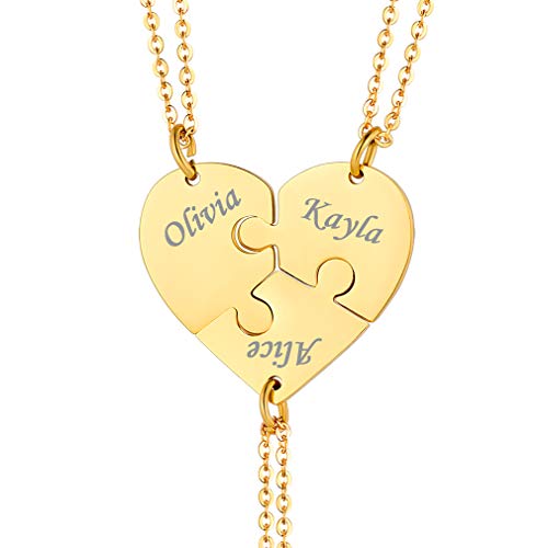 Custom4U Edelstahl Matching Herz Puzzle Kette für 3 mit Gravur Personalisierte Freundschaftsketten für 3 18K Vergoldet BFF Ketten Familie Partner Namenskette Modeschmuck Geschenke von Custom4U