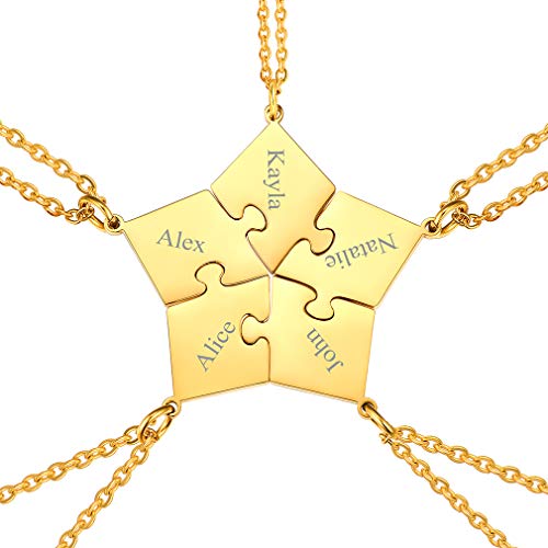 Custom4U Edelstahl Matching Pentagramm Puzzle Anhänger 18K Vergoldet 5 Stücker Partner Halsketten Set BFF Anhänger Puzzle Anhänger Freundschaftsketten mit Personalisierte Namen Gravur von Custom4U