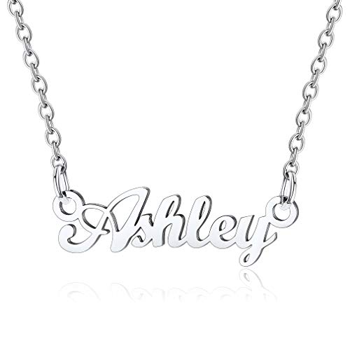 Custom4U Edelstahl Namenskette Ashley Damen Halskette Silber in Carrie Stil Kette Frauen Mädchen Namenskette 45cm+5cm Verlängerskette für Freundin Mutter Schwester von Custom4U