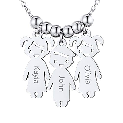 Custom4U Edelstahl Namenskette Halskette mit Namen der Kinder Personalisierte 3 Jungen Mädchen Anhänger Namenskette Silberfarbe 3 Kindernamen Halskette für Mütter Kinder von Custom4U