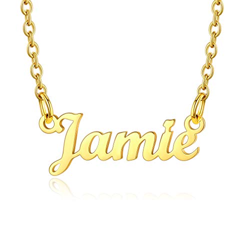 Custom4U Edelstahl Namenskette Jamie Damen Halskette in Carrie Stil Kette Gold Namenskette 45cm+5cm Verlängerskette für Freundin Mutter Schwester von Custom4U