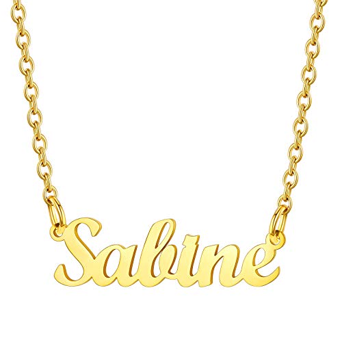 Custom4U Edelstahl Namenskette Sabine Damen Halskette in Carrie Stil Kette GoldNamenskette 45cm+5cm Verlängerskette für Freundin Mutter Schwester von Custom4U