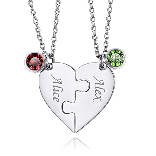 Custom4U Personalisierte Paar Halskette mit Puzzle Anhänger mit Gravur Edelstahl 2x Herz Liebe Partnerschaft BFF Kette für 2 Silber Partner Anhänger Puzzle Mit Geburtsstein Partner Namenskete von Custom4U