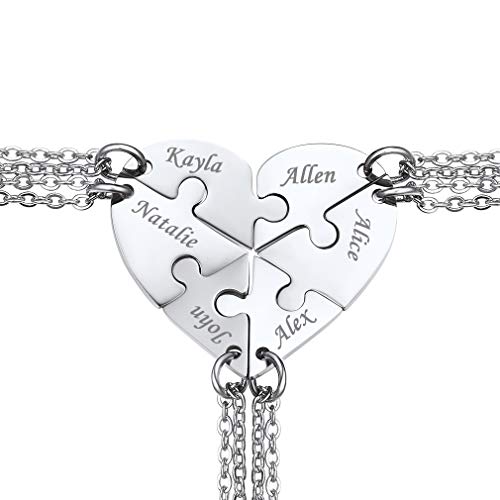 Custom4U Edelstahl Freundschaftsketten für 6 mit Puzzle Herz Partner Anhänger Puzzle für 6 Namen Silber Damen Herren BFF Kette Herz Anhänger Namenskette Familienkette von Custom4U