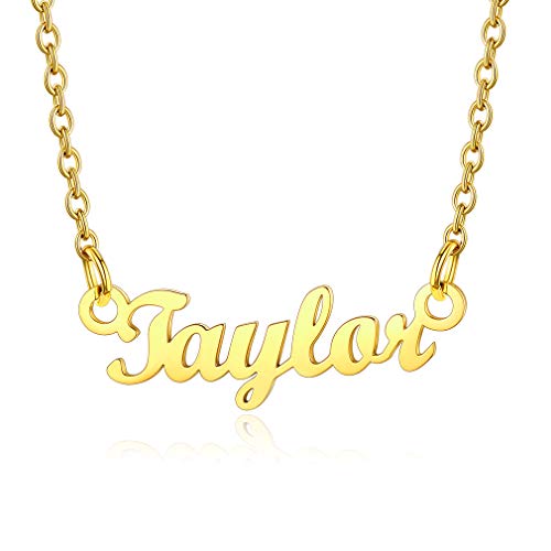 Custom4U Einfache Damen Halskette mit Namen Taylor Namenskette Gold in Klassische Schrifte Design Goldne Namenskette Edelstahl 45cm+5cm für Freundin Mutter Schwester von Custom4U