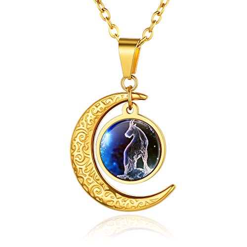 Custom4U Einzigartige Entwurfs Crescent Moon Steinbock Sternzeichen Anhänger 18K Vergoldet 12 Constellation Astrologie 51CM+5CM Sternbild Halskette für Frauen Herren von Custom4U