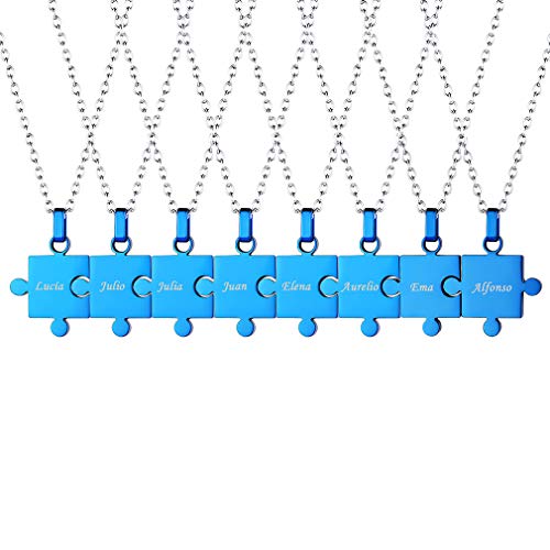 Custom4U Familie Halsketten Set BFF Anhänger 8 Stücker Puzzle Anhänger Freundschaftsketten mit Gravur Blau Freundschaftskette für Herren/Damen Personalisierte Freundschaftsketten von Custom4U