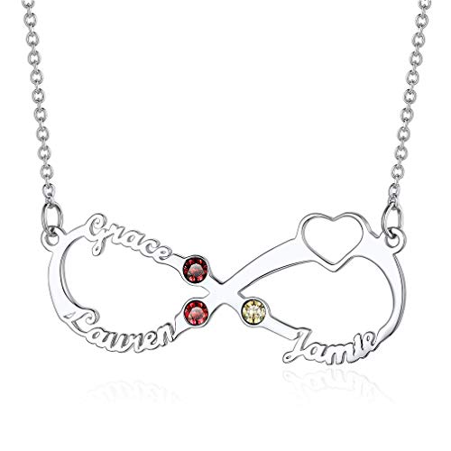 Custom4U Familienkette Mit 3 Namen Unendlichkeit Anhänger mit Geburtssteine Halsketten Kupfer Geburtsstein Silberfarbe Namenskette für Damen Mädchen Frauen von Custom4U