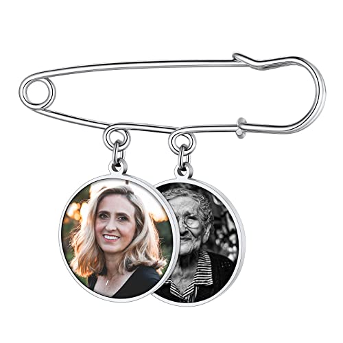 Custom4U Personalisierte 2x Rund Brosche Silber mit Fotogravur Memorial Brautstrauß Fotoanhänger mit Bild Damen Frauen Foto Anstecker Sicherheitsnadel Brosche Clip Brosche Pin Schmucknadel von Custom4U