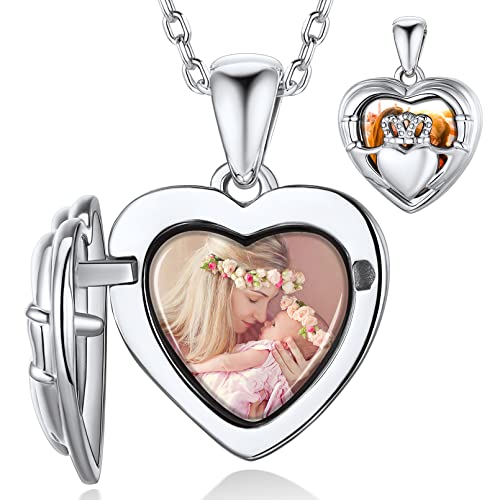 Custom4U Gravierbare Bilder Medaillon zum Öffnen mit Fotogravur Silber Irischer Claddagh Keltischer Herzanhänger mit Foto Amulett mit Motiven-Gravur in Weißgold mit 46cm Kette für Damen Frauen von Custom4U