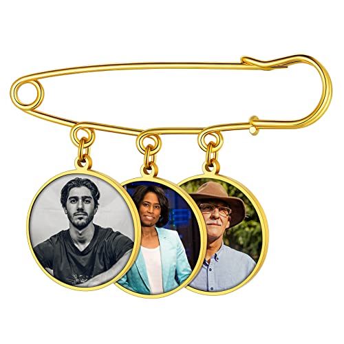 Custom4U Personalisierte Damen Herren Brosche mit 3x Rund Fotoanhänger mit Bild DIY Memorial Anhänger Brautstrauß Gold Anstecker Hochzeit Vintage Sicherheitsnadel Clips für Kleidung von Custom4U