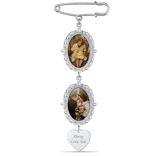 Custom4U Gravierbare Damen Brosche Anstecknadeln mit Fotogravur und Bildgravur 2x Ovale Kupfer Foto-Brosche mit Herz-Accessoire Brosche Clip Schmuck in Silber für Memorial DIY Geschenke von Custom4U