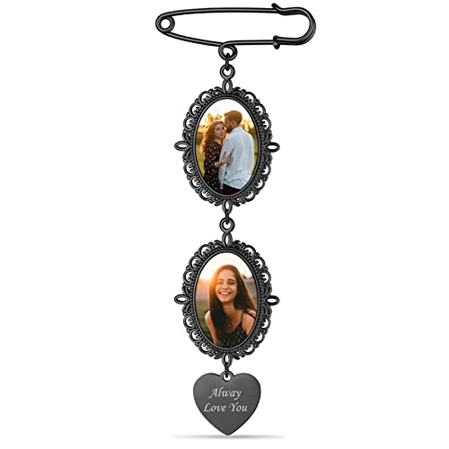 Custom4U Memorial Brosche Anhänger Brautstrauß mit Fotogravur Personalisierte Anstecknadeln Schwarz mit 2x Fotoanhänger mit Bild Edelstahl Oval Broschen Clip für Kleidung DIY Geschenke von Custom4U