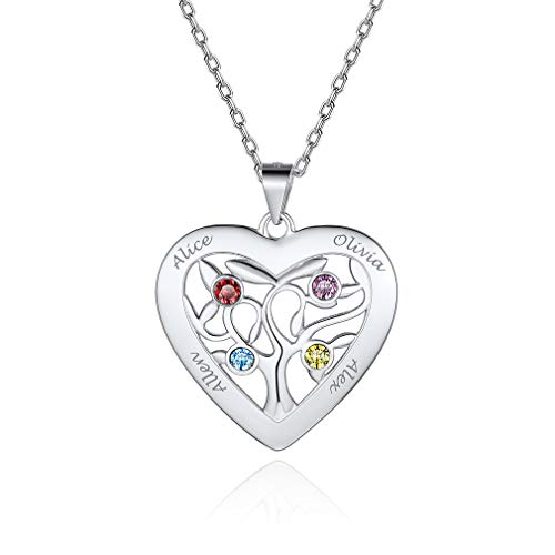 Custom4U Personalisierte Namen Lebensbaum Kette Silber mit 4 Namen/Geburtsstein Gravur Edelstahl Damen Namenskette mit Familienbaum Anhänger Silber für Oma/Mutter/Schwester von Custom4U