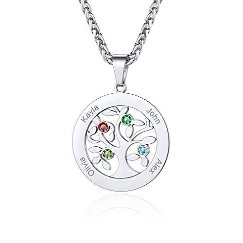 Custom4U Halskette Namen Lebensbaum Edelstahl Rund Lebensbaum mit 4 Namen und Geburtsstein Familienkette Mit Geburtsstein Familienbaum Damen Halskette Halskette für Oma/Mutter/Schwester von Custom4U