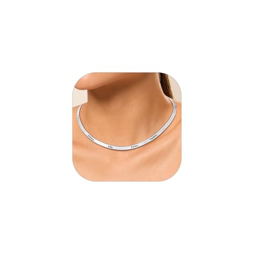 Custom4U Halskette Personalisiert Mit 4 Namen der Kinder Silberkette Schlangenkette Edelstahlkette 14k Vergoldete Länge Verstellbar Familienkette - Geschenk Mutter Tochter Freundin von Custom4U
