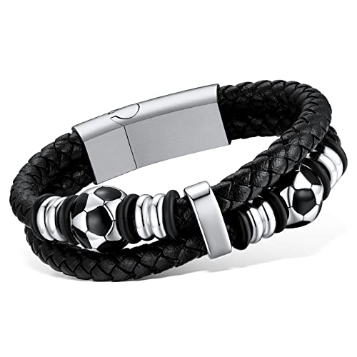 Custom4U Herren Armband Geflochtenes Männer Lederarmband mit Fußball Perlen mit Edelstahl Magnetverschluss in Silber Herren Armreif Lederarmband Schmuck Länge 19cm von Custom4U