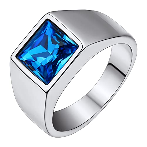 Custom4U Herren Fingerring 316L Edelstahl Zirkonia Ring Stapelbarer Männer Zirkon Ring mit 8mm Blau Topas Bandring in Silber Ringgröße 23.1 (72.8) Geschenke für Freund Paar Familie von Custom4U