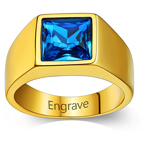 Custom4U Herren Fingerring 316L Edelstahl Zirkonia Ring mit Textgravur Stapelbarer Männer Zirkon Ring mit 8mm Blau Topas Bandring in 18K Vergoldet Ringgröße 18.2 (56.5) Geschenke für Freund Paar von Custom4U