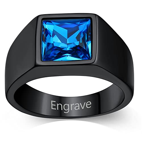 Custom4U Herren Fingerring 316L Edelstahl Zirkonia Ring mit Textgravur Stapelbarer Männer Zirkon Ring mit 8mm Blau Topas Bandring in Schwarz Ringgröße 18.2 (56.5) Geschenke für Freund Paar Familie von Custom4U