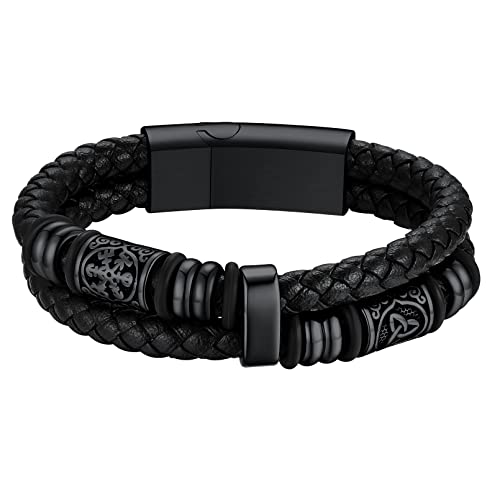 Custom4U Herren Lederarmband mit Kompass/Keltische Perlen Männer Geflochtenes Lederarmband Wickelarmband mit Magnetverschluss aus Edelstahl in Schwarz Länge 21cm von Custom4U