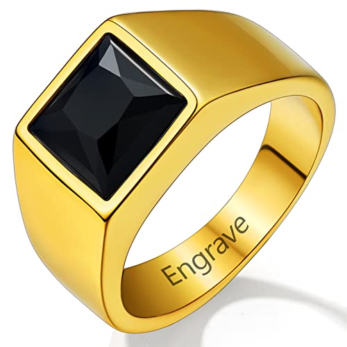 Custom4U Herren Ring 316L Edelstahl Herren Zirkon Ring mit Gravur Schlichter Männer Schwarz Zirkonia Fingerring in 8mm breit in 18K Vergoldet Ringgröße 20.7 (64.6) Geschenke für Geburtstag Vatertag von Custom4U