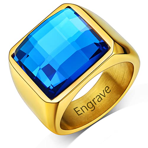 Custom4U Herren Ring mit Eigenem Namen 316L Edelstahl Ring mit Blau Topas in 15mm breit Schlichter Männer Zirkonia Fingerring Bandring in 18K Vergoldet Ringgröße 20.7 (64.6) von Custom4U