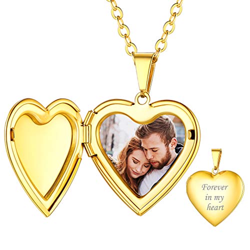 Custom4U Herzanhänger Edelstahl Medaillon Halskette mit Forever in My Heart für Damen Medaillon Bilder Amulett 18K Vergoldet Medaillons für Damen 51cm+5cm für Damen Freundin von Custom4U