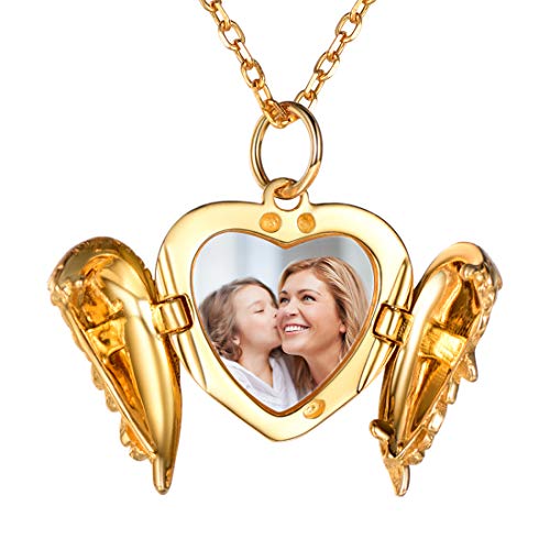 Custom4U Herzanhänger mit Flügel Halskette mit Foto Medaillon Amulett zum Öffnen für Damen Mädchen S925 Silber Photo Bilder Amulett mit Wunsch/Namen/Text Gravur in Gold mit 41cm Kette von Custom4U