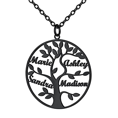 Custom4U Individuelle Baum des Lebens Anhänger Halskette mit 4 Namen Gravur 925 Silber Damen Stammbaum Anhänger Namenskette in Schwarz Geschenke für Geburtstag Muttetag Weihnachten von Custom4U