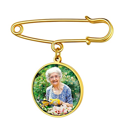 Custom4U Personalisierte Rund Foto-Brosche Gold Memorial Anhänger Brautstrauß mit Bild Edelstahl Broschen Anstecker DIY Brosche Schmuck Zubehör Gold für Damen Frauen von Custom4U