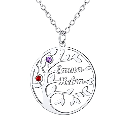 Custom4U Individuelle Familien Namenskette mit 2 Namen und 2 Geburtsstein mit Lebensbaum Anhänger Edelstahl Zirkonia Stammbaum des Lebens Halskette in Silber Geschenke für Oma Mama Freundin von Custom4U