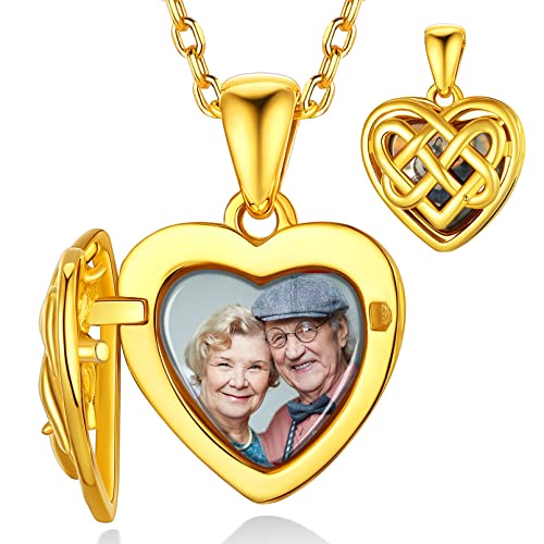 Custom4U Individuelle Keltischer Knoten Fotobox-Herzanhänger Halskette mit Bildgravur Silber Foto Medaillon Amulett zum Öffnen Keltische Anhänger Halskette mit Wunsch-Motiven in Gold mit 41cm Kette von Custom4U