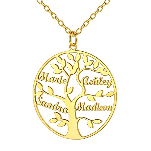 Custom4U Individuelle Lebensbaum Anhänger Halskette mit 4 Namen Gravur 925 Silber Namenskette mit Stammbaum des Lebens Familiensbaum Anhänger in Gold für BFF Kette Familienskette von Custom4U