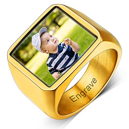 Custom4U Individueller Herren Damen Foto Ring mit Eigenem Gravur 18K Vergoldet Männer Jungen Fingerring Siegelring Modeschmuck Geschenke für Geburtstag Weihnachten Hochzeit von Custom4U