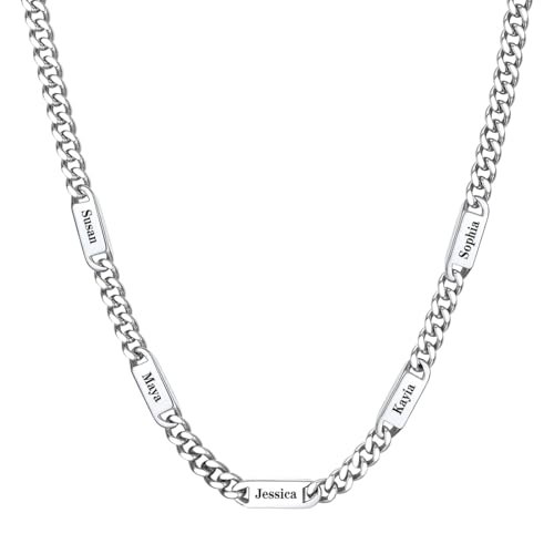 Custom4U Kette Herren Mit 5 Namensgravuren, 5MM Cuban Link Chain Personalisierte Edelstahl Halskette Herren Schmuck Geschenke von Custom4U
