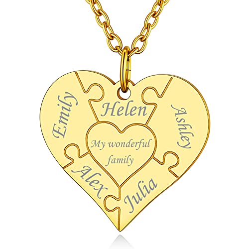 Custom4U Kettenanhänger Herz Liebe Partnerschaft 18K Vergoldet Halskette Damen Kette mit 5 Namen Gravur Edelstahl Familie Halskette BFF Anhänger von Custom4U