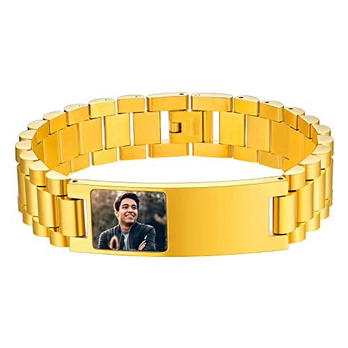 Custom4U Kubanische Armband Edelstahl Uhrarmbänder mit Foto/Name/Text Gravur 15mm breit Gold Panzerkette Herrenarmband 21cm lang Männer Jungen Armreif Geschenk für Vatertag Geburtstag Weihnachten von Custom4U