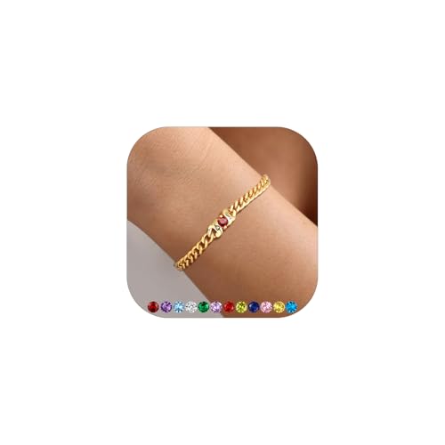 Custom4U Kubanische Panzerkette Armbänder Damen Gold mit Geburtsstein/Name Gravur Edelstahl 5mm breit Geburtsstein Armband echtgold 16cm+3cm lang Geschenke für Weihnachten Muttertag von Custom4U