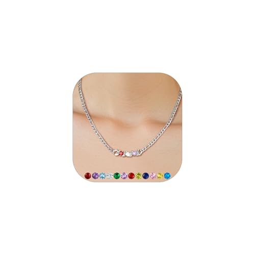 Custom4U Kubansiche Figarokette Damen Silber mit 3 Namen/Geburtsstein Gravur Edelstahl Personalisiert Namenskette 3.7mm breit Edelstahl mit 3 Geburtsstein Anhänger für Damen Frauen Mama Oma 40cm lang von Custom4U