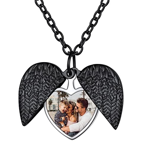 Custom4U Kupfer Herz Engelsflügel Medaillon für Damen Frauen Personalisierte Schutzengel Flügel Medaillon zum Öffnen für Bilder mit Gravur Schwarz Memorial Foto Halskette Locket Amulett von Custom4U