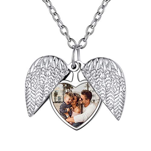 Custom4U Personalisierte Herz Medaillon zum Öffnen für Bilder Kupfer Engelsflügel Medaillon Halskette Memorial Schutzengel Flügel Foto Kette mit Gravur Damen Frauen Locket Amulett von Custom4U