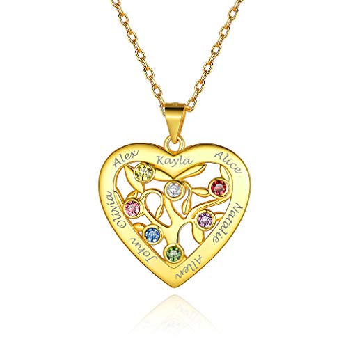 Custom4U Personalisierte Lebensbaum Anhänger Gold mit Namegravur S925 Silber Herz Stammbaum Halskette Gold Damen Zirkonia Familienbaum Halskette für Damen/Mädchen von Custom4U