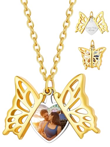 Custom4U Memorial Bilder Medaillon mit Schmetterling Anhänger Gold Damen Frauen Kupfer Aufklappbar Schmetterling Foto Locket Amulett Geschenke für Muttertag Geburtstag Weihnachten von Custom4U
