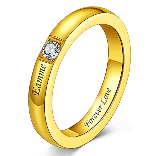 Custom4U Memorial Damen Namenring Gold mit Gravur Edelstahl 3mm beit Geburtsstein Zirkonia Fingerring Schlichter Ehering Freundschaftsring Ringgröße 64.6(20.75) von Custom4U