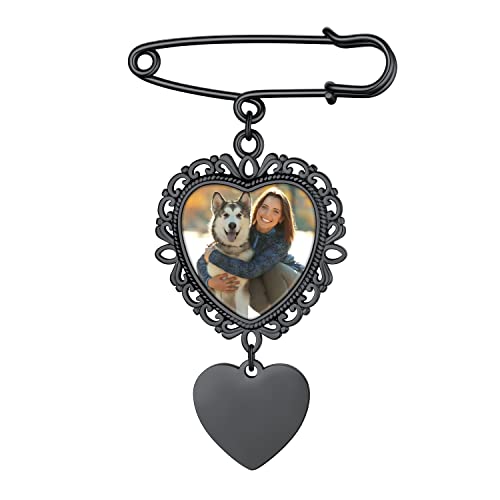 Custom4U Personalisierte Foto Brosche Pin Schwarz Edelstahl Herz Broschen Clip mit Fotogravur Memorial Hochzeit Boutonniere Pin Kit mit Foto Charms für Damen Frauen Mädchen von Custom4U