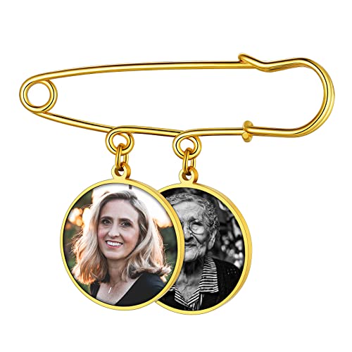 Custom4U Personalisierte 2x Rund Brosche Gold mit Fotogravur Memorial Brautstrauß Fotoanhänger mit Bild Damen Frauen Foto Anstecker Sicherheitsnadel Brosche Clip Brosche Pin Schmucknadel von Custom4U