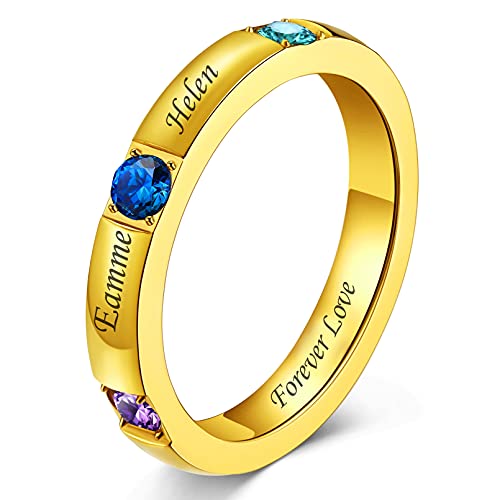 Custom4U Memorial Geburtsstein Zirkonia Fingerring Gold für Damen Frauen mit Gravur Edelstahl 3mm breit Freundschaftsring Partnerring Ringgröße 56.5(18) für Weihnachten Valentinstag von Custom4U