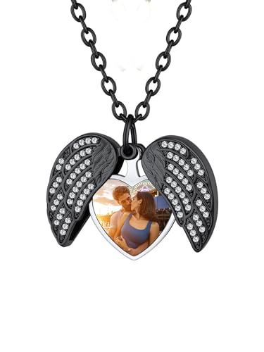 Custom4U Memorial Zirkonia Herz Medaillon zum Öffnen für Bilder Personalisierte Damen Engelsflügel Medaillon mit Gravur Kupfer Foto Schutzengel Flügel Locket Amulett für Mutter Freund Oma von Custom4U